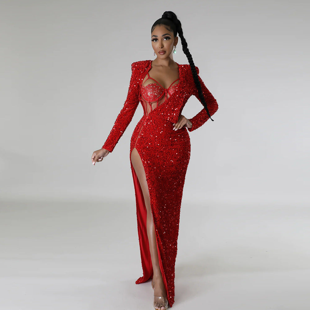Solid Color Sequ Slit Maxi Dress Including Jumpsuit Two Piece Set Dress