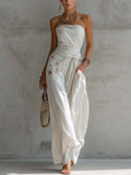 White Off Shoulder Embroidered Cotton Linen Jumpsuit