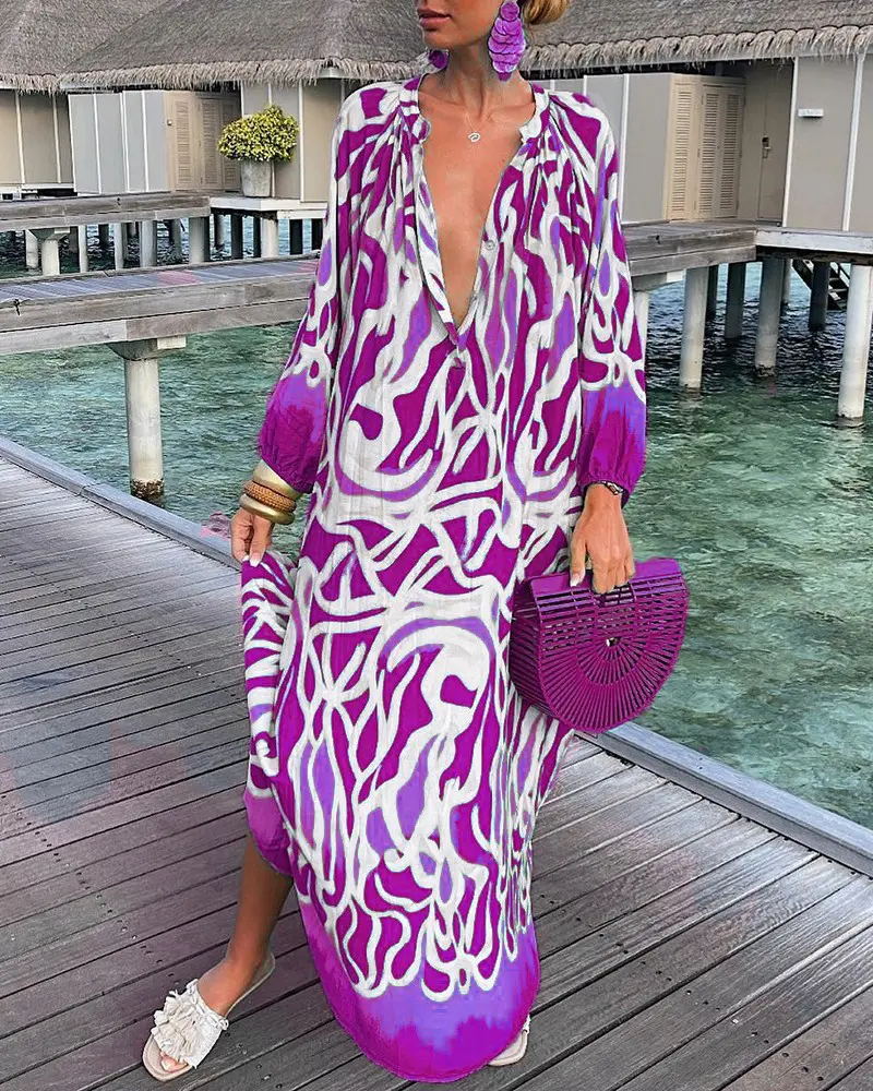 Fall Printed Pullover Long Sleeve Dress V neck Swing Loose Jumpsuit