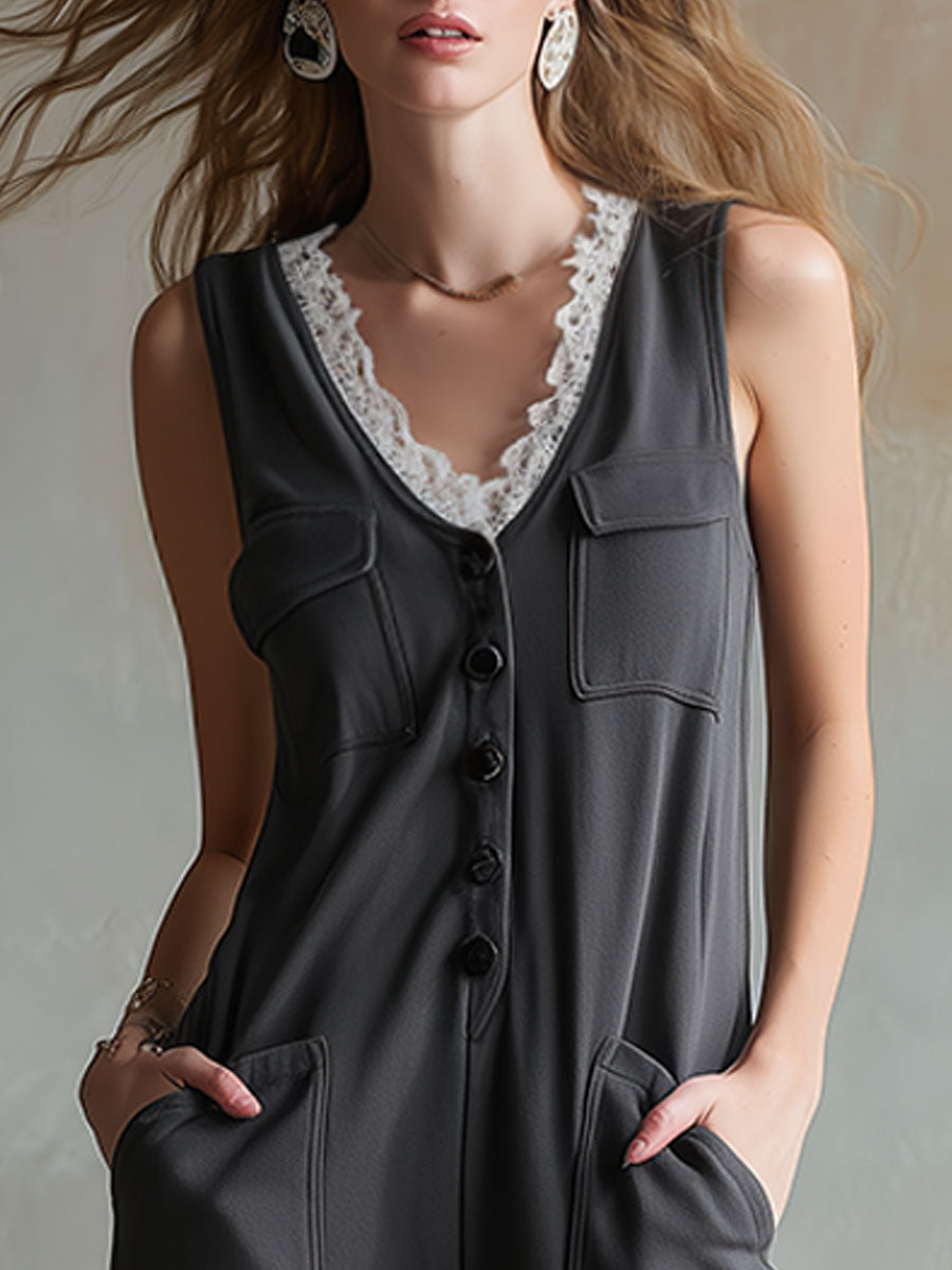 Casual Retro White Lace Dark Gray Cotton Blend Button Sleeveless Jumpsuit